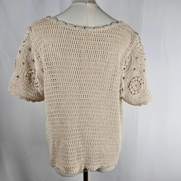 Solitaire Large Boho Festival Crochet Top Beige Knit Short Sleeve - Picture 4 of 9